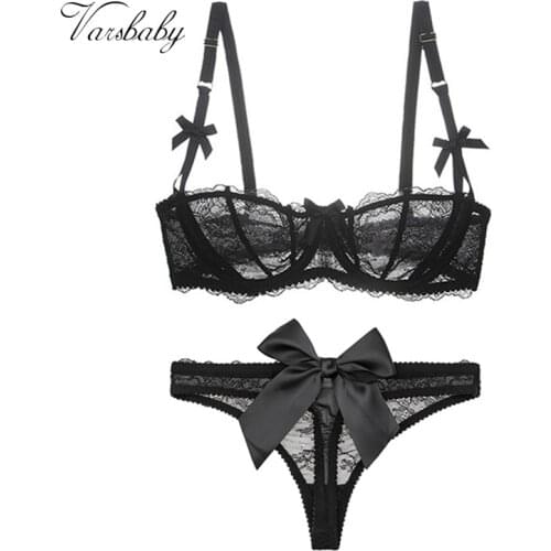 Varsbaby Transparent half Cup Lingerie Set Unlined Bras Bow Thongs Bra Set