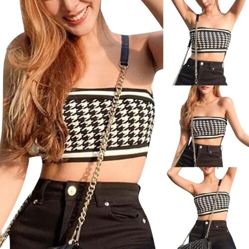 Y2K Womens Summer Knit Tube Tops Sexy Sleeveless Strapless Houndstooth Print Crop Tops