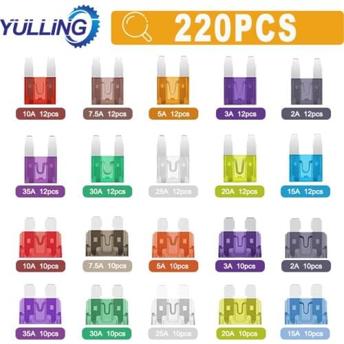 YULLING 220Pcs /set Assorted Car Fuses Auto Truck SUV Fuses Mini Standard Blade Fuse Kits with Clip 2-35A Auto Replacement Parts
