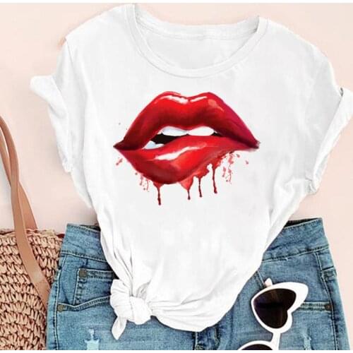 Women Watercolor Sexy Cute Funny 2021 Lip Fashion Print Graphic Summer Short Sleeve Female Clothes Tops Tees Tshirt T-Shirt