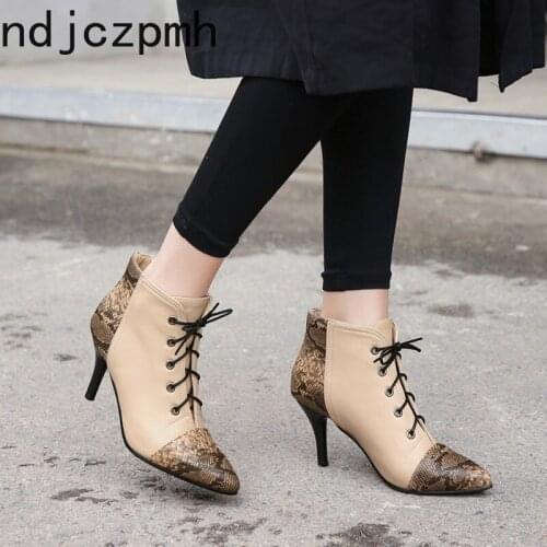 Womens Boots Autumn And Winter The New fashion Pointed Lace Color matching High heel Short tube Womens shoes plus size 30-46