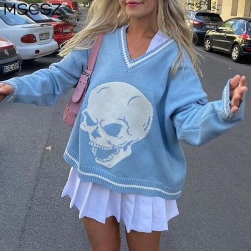Skull Print Oversized Sweater Women V-Neck Long Sleeve Knitted Sweater Pullover Female Y2K Hip Hop Sweaters Autumn Winter