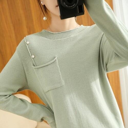 Spring and autumn new style 100% cotton long-sleeved knitted womens round neck pullover loose solid color base sweater Regular