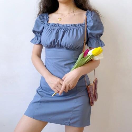 Square Collar Puff Sleeve Women Dress 2021 Summer Sweet Slim Short Sleeve High Waist A Line Mini Dress French Style Blue Vestido