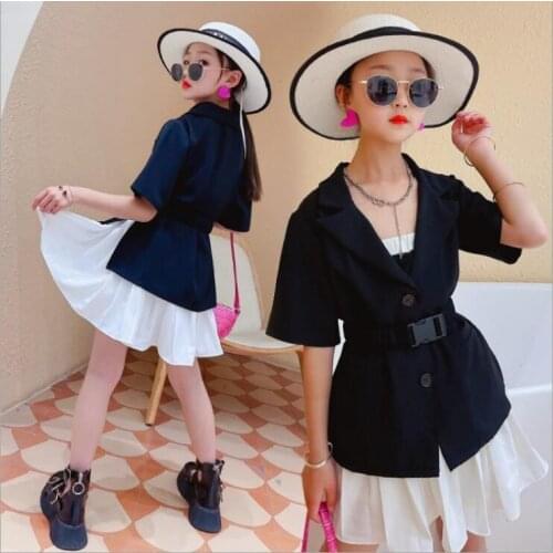 2021 Korean style girls blazer short sleeve with belt fashion summer girls coat 4-9t B278