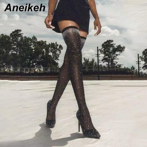 Aneikeh New Arrival Bling Bling Crystal Over The Knee Slim Fit Long Boots Glittering Thin High Heel Thigh High Boots Dress Shoes