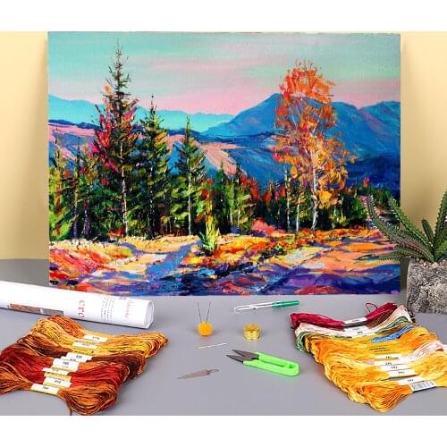 Landscape Mention Of Warm Autumn Printed Water-Soluble Canvas 11CT Cross-Stitch Kit DIY Embroidery DMC Threads Design