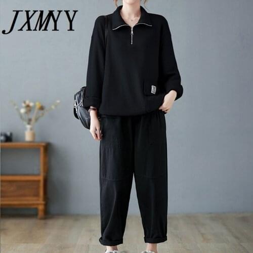 JXMYY Fashion Plus size Autumn Casual Suit 2021 New Loose Pocket Literary Stand-Up Collar Sweater Denim Two-Piece Female