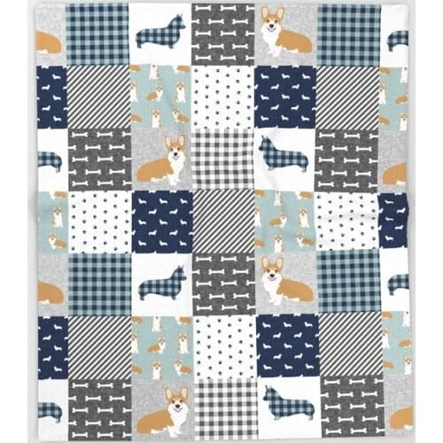 Corgi Patchwork Print Navy Dog Buffalo Throw Blanket Cute Kids Design Tricolored Corgi Patchwork Blankets for Beds for Home