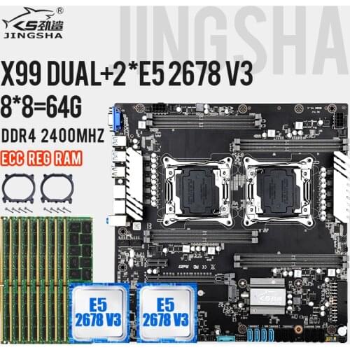 JINGSHA x99 Dual CPU Socket LGA 2011-3 Motherboard Set with XEON E5 2678V3 and 8*8GB=64GB DDR4 ECC REG Memorry