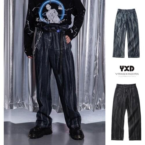 Mens cotton printed dyed jeans trousers man gradient streetwear hip hop pants mens fashion goth punk rock loose straight pants