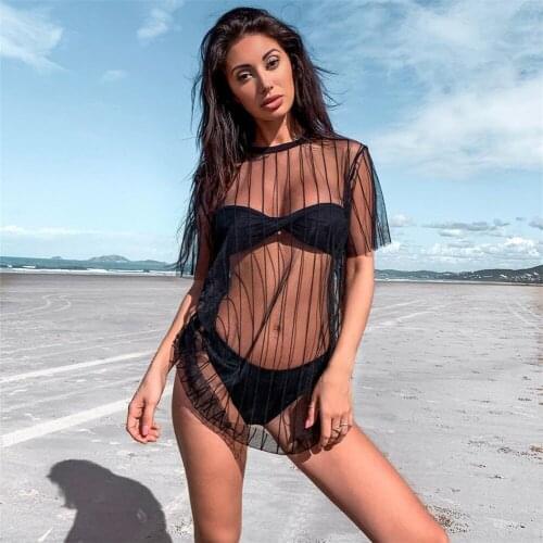 2021 New Summer Women Beach Dresses Sexy Swimwear Mesh Sheer Bikini Beach Cover Up Swimsuit Bathing Loose Bikini Tops Clothing