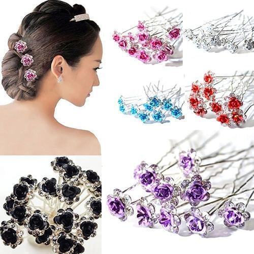 New hot sale 5Pcs Chic Engagement Wedding Shiny Rhinestone Hair Clips Rose Flower Hairpins