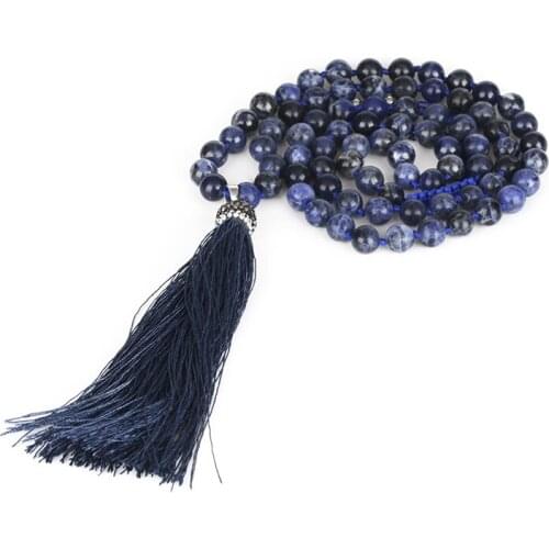 New Arrival Blue-vein Stone Rhinestone Pendant Tassel Jewelry Strand Necklace for Women 8mm Beads 120mm Pendant