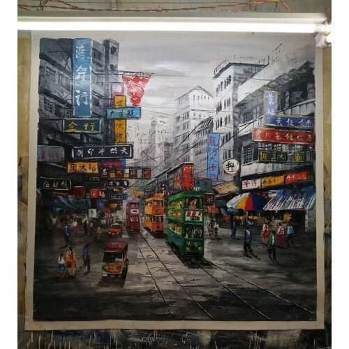 Original Artwork High Quality Abstract Knife Painting- Hong Kong Street Double-decker Bus Building Art Hand Painted on Canvas