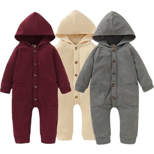 Autumn Winter Baby Rompers Newborn Baby Boy Girls Cotton Long Sleeve Solid Color Hooded Romper Outfits Clothes