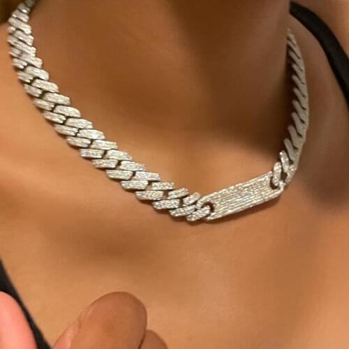 Iced Out Paved Rhinestones Miami Curb Cuban Link Chain Necklace for Women Bling Crystal Chunky Choker Necklace Rapper Jewelry