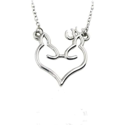 White Browning Deer Buck and Doe Two Fawns Heart Pendant Necklace Women Children Men Fashion Jewelry