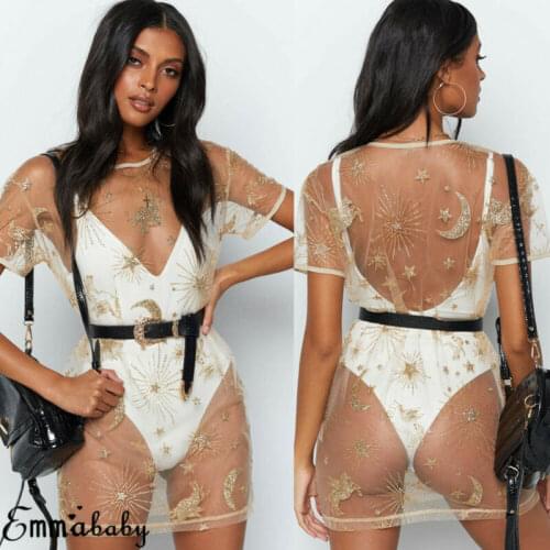 Casual Dress Womens Gold Sequin Moon Star Print Mesh Mini Dress Bikini Cover Up Summer Sexy Short Sleeve Dress Clubwear