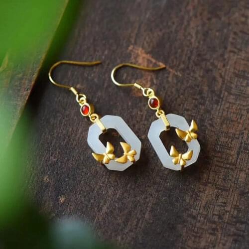 Natural Hetian white jade geometric Butterfly Earrings Chinese retro elegant forest story exquisite charm womens jewelry