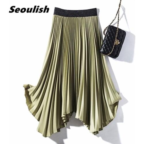 Seoulish 2021 New Stain Irregular Womens Pleated Skirts High Waist Minimalism Elegant Office Female Midi Skirts Spring Summer
