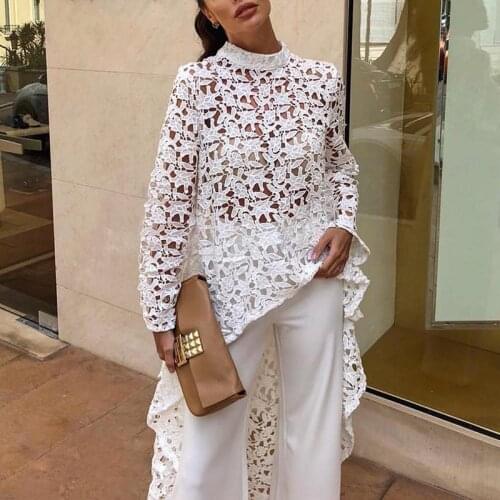 Women Fashion Elegant Casual Patchwork flounced Dip Hem Top Crochet Irregular Hollow Out See Through Blouse