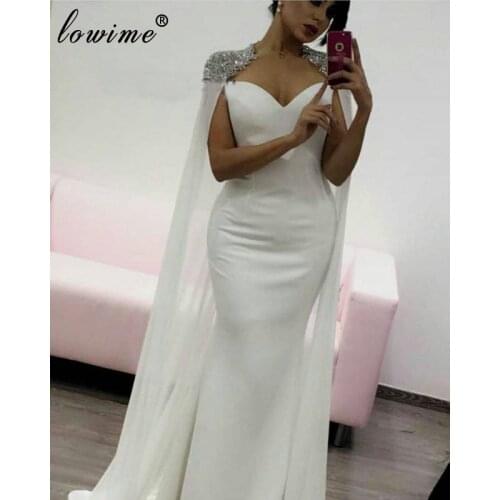 Plus Size Dubai White Prom Dresses Mermaid Arabic Evening Dresses With Brading Cape Woman Dresses Party вечернее платье Gowns