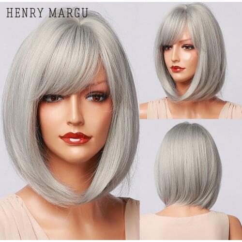 HENRY MARGU Sliver Gray Short Bob Wigs Straight Synthetic Wigs with Bangs Cosplay Party Daily Wigs for Women Heat Resistant