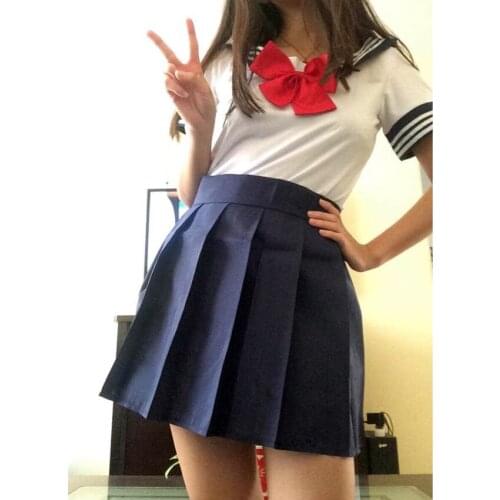 Women Sexy Costumes Japanese School Student Girls Uniform Cute JK Suit with Bow Tie Navy Top Transparent Pleated Skirt Cosplay