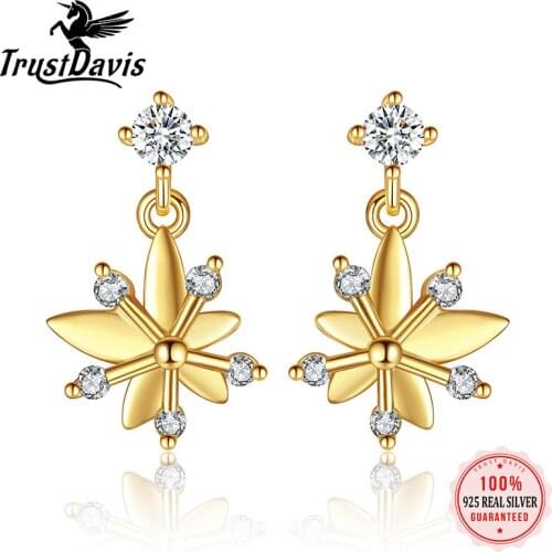 TrustDavis Real 925 Sterling Silver 14K Gold Plated Stud Earrings Women Fresh Flower Zircon Exquisite Fashion Jewelry L044