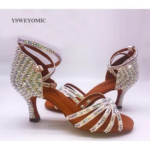 White Peals Latin Salsa Dance Shoes Women Confortable Flexible Suede Sole Rhinestones Latin Bachata Dancing Shoes for Girls