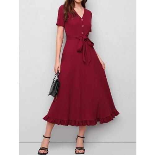 Wine Red Summer Dress For Women 2021 Fashion Elegant Simple V neck Short Sleeve Long Dress Sashes Bow Ruffles Dresses Bohemian