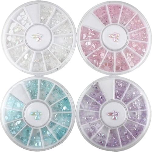 ZINXIN 1Box 12Grid Wheel Lovely Heart Flat Bottom AB Colorful Plastic Manicure 3D Nail Art Rhinestone Acrylic Decorations Tools