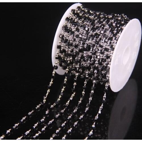 2.5mm Square Beads Crysta Wrapped Bracelet Rosary Chain Findings,Black Glass Bead&Copper beads Plating Silver Chain Jewelry