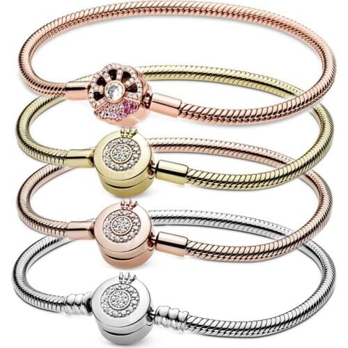 2021 Authentic 925 Sterling Silver Moments Sparkling Crown O Snake Chain Fan Bracelets Fit Charms For Women DIY Jewelry Beads