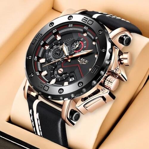 2021 LIGE Fashion Sport Men Watches Top Brand Luxury Big Dial Military Quartz Clock Leather Waterproof Chronograph Watch for Men