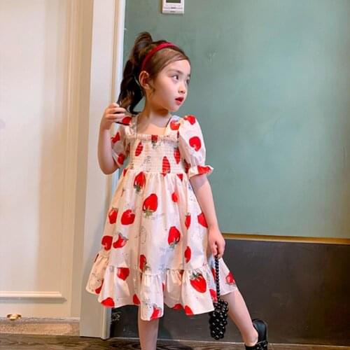 Short Sleeve Dress Puff Sleeve Lacework Children Girls Strawberry Print Sweet Dress for Birthday Party