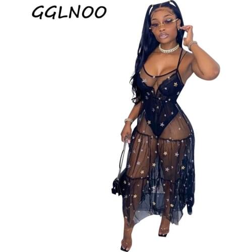 GGLNOO Women Dress Mesh See-through Sleeveless Strap O-neck Sequins Loose Long Maxi Dresses Sexy Outfit Summer New Fashion 2021