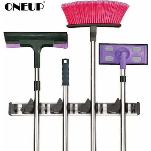 Quality Kitchen Storage Tool Holder 4 Position With 5 Hooks Wall Mounted Storage Organizer Mop And Broom Storage Holders Racks