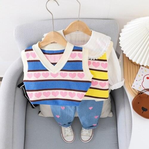 Baby Girls Clothing Sets Lapel Collar Shirts Tops + Knitwear Vest + Denim Jeans Heart Print Trousers Children Kids 3Pcs Suits