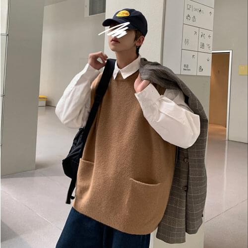 Korean Sweater Vest Mens Fashion Casual O-neck Pocket Knit Pullover Men Wild Loose Autumn Knitting Sweaters Mens Clothes M-2XL