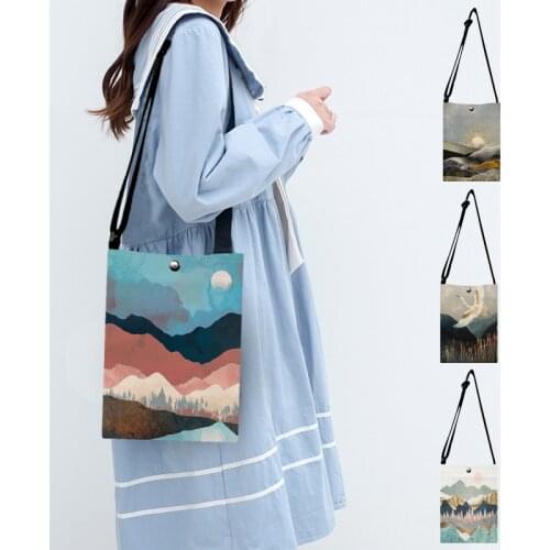 Nordic Moutain Crane Print Small Shoulder Bag Women Ladies Handbag Teenager Mini Messenger Bags Crossbody Bag Teender Beach Bags