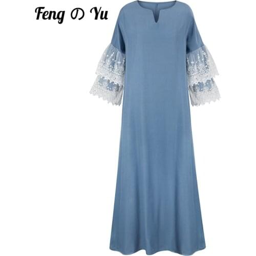 Arab National Style Dress Lace Sleeve Retro Robe Turkish Kaftan Muslim Ladies Dress Dubai Islamic Clothing Ramadan Robe