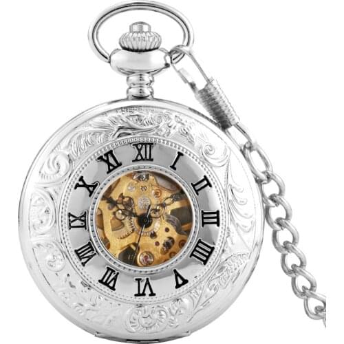 Silver Full Steel Mechanical Pocket Watch Punk Vintage Hollow Skeleton Dial Analog Skeleton Hand Winding Mechanical Pocket Watch