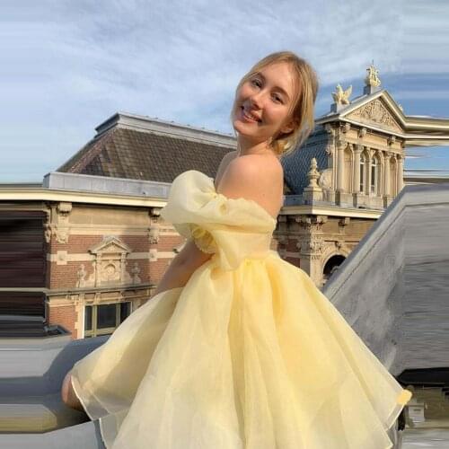 Light Yellow Cute Classic Off-the-shoulder Skirts Tulle Ruffles Mini Princess Dresses To Birthday Party Photograph Custom Made