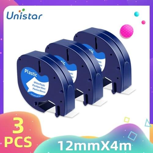 Unistar 3PCS Compatible for Dymo Letratag Label Tape Plastic Paper Refill LT100H Printer Black on White 12mm 91200 91201 91221
