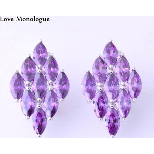 Love Monologue Wonderful Purple Crystal Silver Color Clip Earrings for Women Christmas Gift X0586
