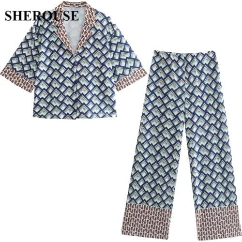 2021 Two piece set Women Vintage Printed Half Sleeves Crop Shirt Casual Wide Leg Trousers Woman Outfit Pants Sets Suits Summer