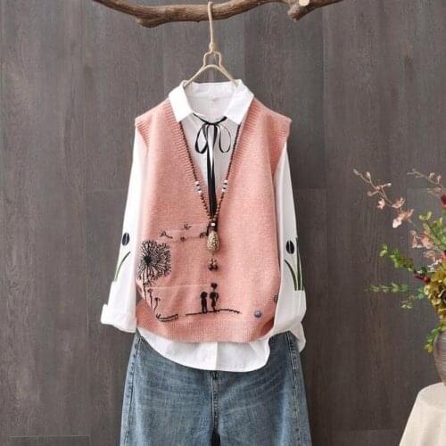 2021 Spring Autumn V-neck Womens Vest Loose Sweater Girls Literature And Art Leisure Student College Waistcoat Pink