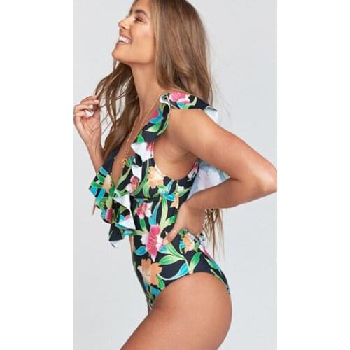 2021 Womens One-piece Swimsuit Lace Up Swimsuit Open Back Sexy Lotus Edge Bikini Bathing Suit Beach Dress Womens Water Sports